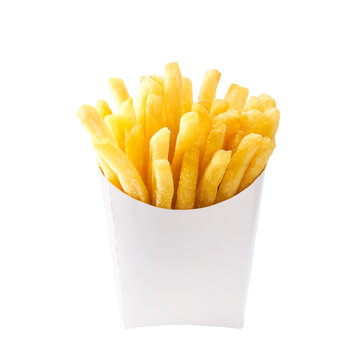 French fries in a white carton box isolated on white background
