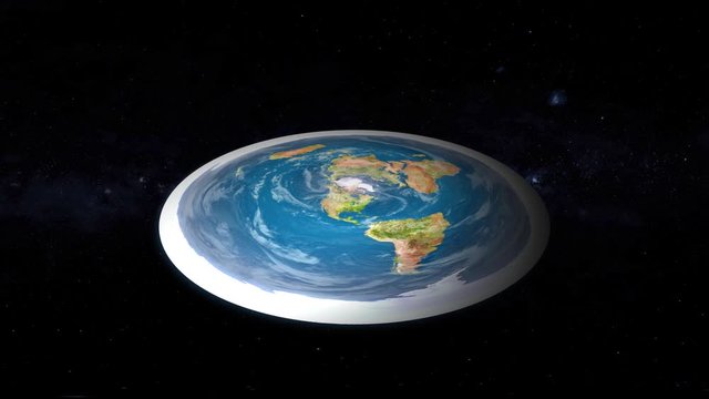 A 3D illustration of a flat Earth concept rotating in space.  	