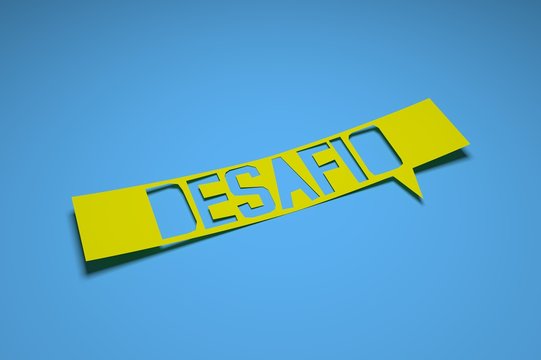 Bubble speech with cut out phrase "Desafio" in the paper. Challenge in portuguese. 3D rendering