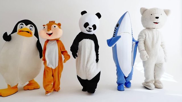 Polar bear and animal mascots characters with a message for humanity, about global warming and pollution problems on our planet