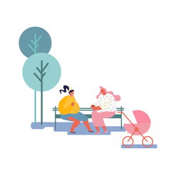 Happy Women Spend Time Together Sitting on Bench Outdoors and Chatting, Meeting Friends Lifestyle. Girl with Baby Stroller Maternity Parenthood. People Spare Time. Cartoon Flat Vector Illustration