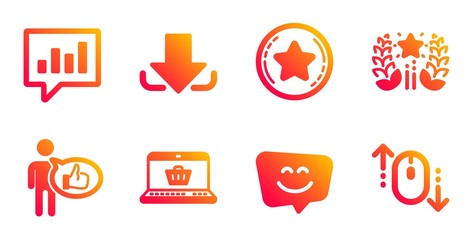 Online shopping, Loyalty star and Smile face line icons set. Analytical chat, Download and Ranking signs. Like, Scroll down symbols. Notebook with shopping cart, Bonus reward. Technology set. Vector
