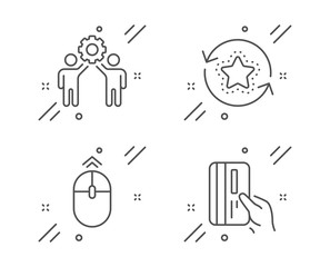 Swipe up, Employees teamwork and Loyalty points line icons set. Payment card sign. Scrolling page, Collaboration, Bonus reward. Credit card. Technology set. Line swipe up outline icon. Vector