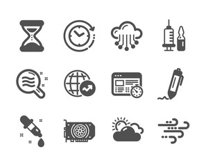 Set of Science icons, such as Web timer, Windy weather, Medical vaccination, Cloud storage, Time change, Gpu, Skin condition, Time, Chemistry pipette, World statistics, Signature. Vector