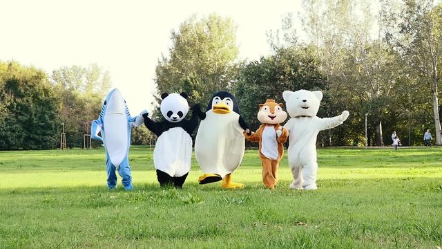 Group of mascots doing party. Concept about carnival, animals rights and lifestyle
