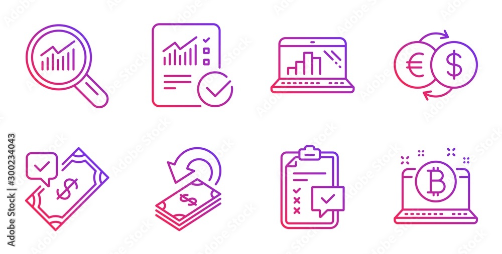 Poster graph laptop, checked calculation and data analysis line icons set. money exchange, cashback and che