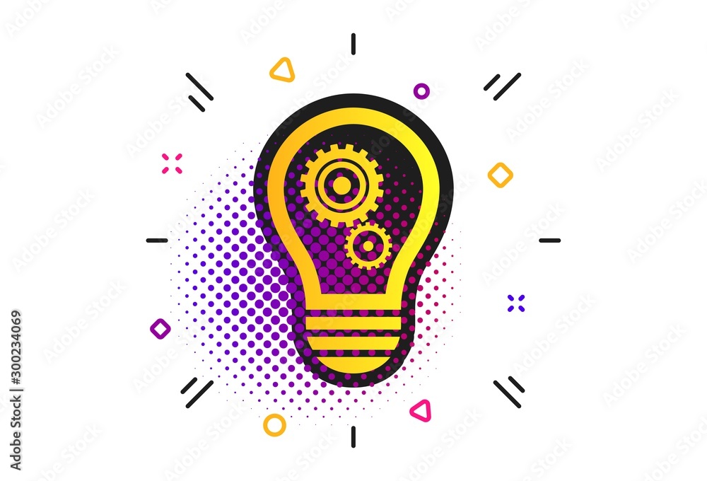 Poster light lamp sign icon. halftone dots pattern. bulb with gears and cogs symbol. idea symbol. classic f