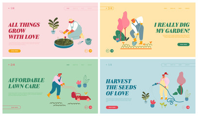 Farmers Caring of Plants Website Landing Page Set. Characters Watering Planting Vegetables and Flowers in Garden. Horticulture and Organic Nutrition Web Page Banner. Cartoon Flat Vector Illustration