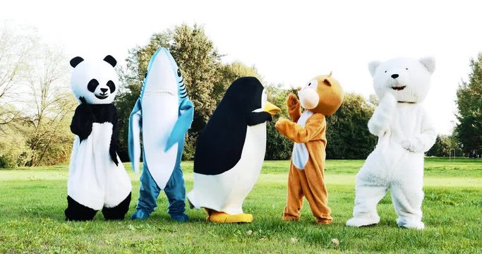 Group of mascots doing party. Concept about carnival, animals rights and lifestyle