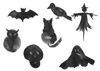 Collection of ink halloween elements and animals: owl, cat, bat, raven, ghost, skull, scarecrow for decoration on a white background, isolated, hand-drawn