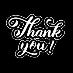 Handwritten "Thank you" phrase as sticker on black background. Modern brush lettering, vector illustration