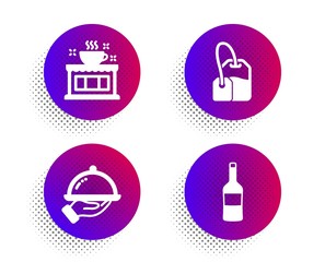 Coffee shop, Restaurant food and Tea bag icons simple set. Halftone dots button. Wine sign. Tea house, Room service, Brew hot drink. Merlot bottle. Food and drink set. Vector