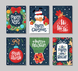 Set of Christmas and New Year greeting card with lettering hand drawn decorative elements on dark blue background.