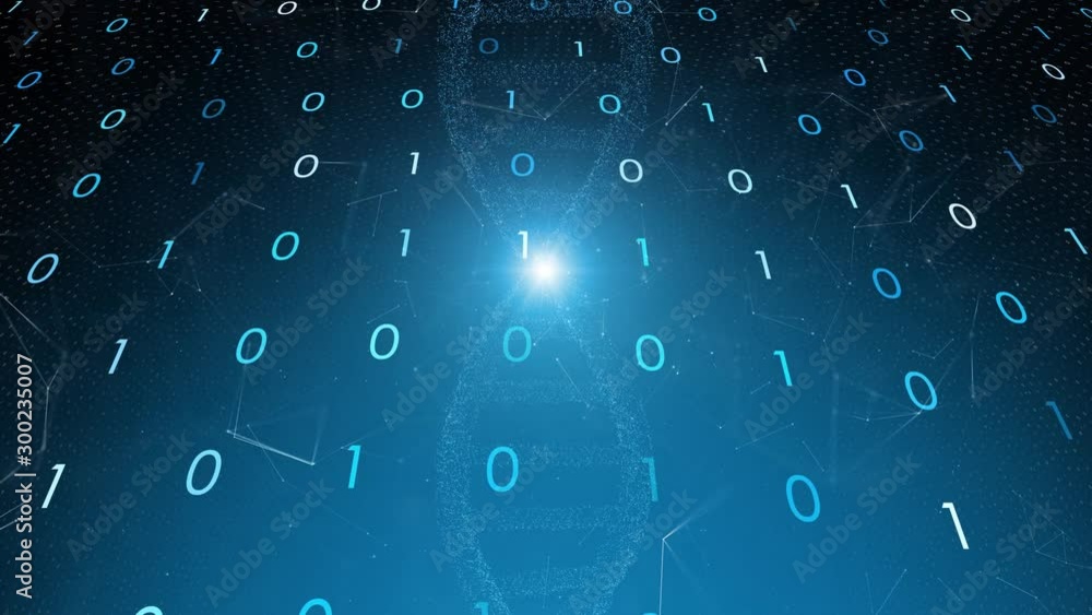 Aufkleber binary numbers with dna structure animation background.