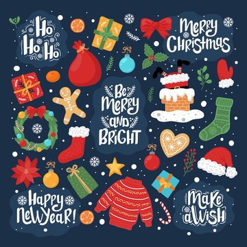 Set of Christmas and New Year vector elements on the dark blue backgroud. Hand-drawn style.