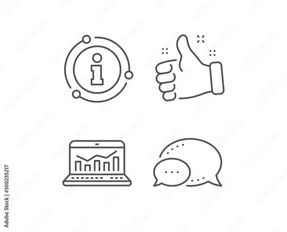 Poster marketing statistics line icon. chat bubble, info sign elements. web analytics symbol. laptop or not