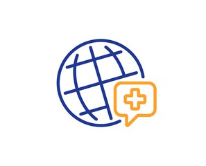 Medical help sign. World medicine line icon. Pharmacy medication symbol. Colorful outline concept. Blue and orange thin line world medicine icon. Vector