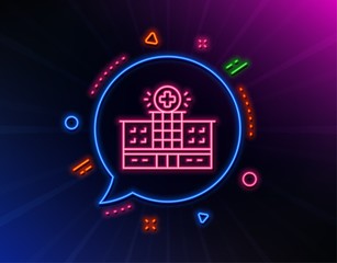 Hospital building line icon. Neon laser lights. Medical help sign. Glow laser speech bubble. Neon lights chat bubble. Banner badge with hospital building icon. Vector