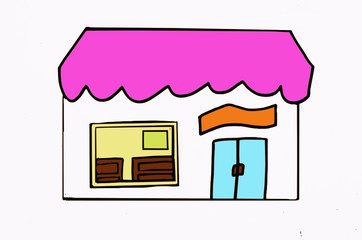 a shop with pink roof