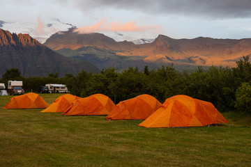 Orange tents on the Skaftafell campsite in Iceland