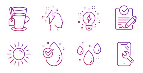 Inspiration, Rfp and Sun line icons set. Water drop, Rainy weather and Tea signs. Brainstorming, Smartphone repair symbols. Creativity, Request for proposal. Gradient inspiration icon. Vector