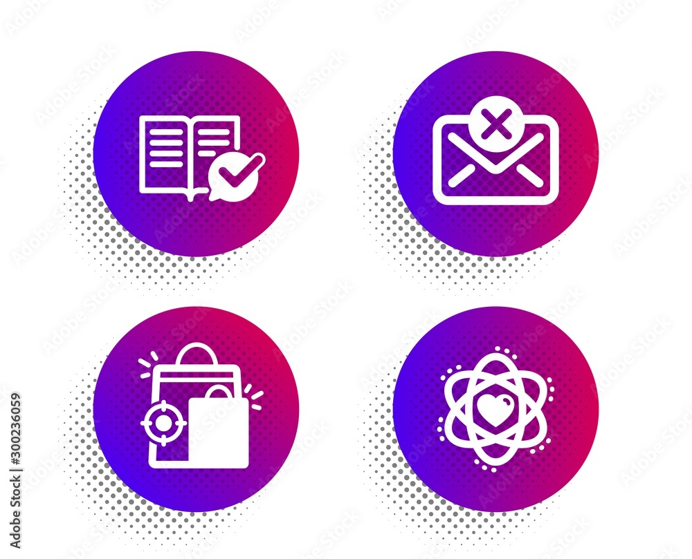 Poster seo shopping, reject mail and approved documentation icons simple set. halftone dots button. atom si