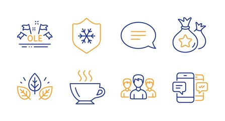 Group, Clean skin and Loyalty points line icons set. Organic tested, Chat and Ole chant signs. Coffee, Smartphone sms symbols. Group of people, Cold protect. Business set. Line group icon. Vector