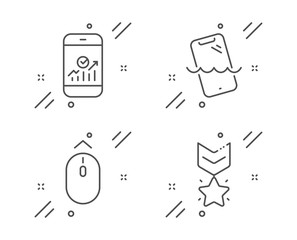 Swipe up, Smartphone statistics and Smartphone waterproof line icons set. Winner medal sign. Scrolling page, Mobile business, Phone. Ranking star. Technology set. Line swipe up outline icon. Vector
