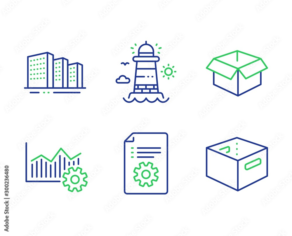 Poster buildings, technical documentation and lighthouse line icons set. operational excellence, opened box