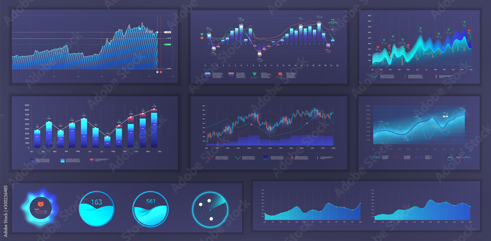 Poster Bright modern infographic with data and charts, statistics graphs and finance analysis in futuristic style. UI,  UX web elements design, modern style. Blue Business infographic template set. Vector