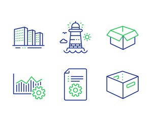 Buildings, Technical documentation and Lighthouse line icons set. Operational excellence, Opened box and Office box signs. City architecture, Manual, Beacon tower. Corporate business. Vector