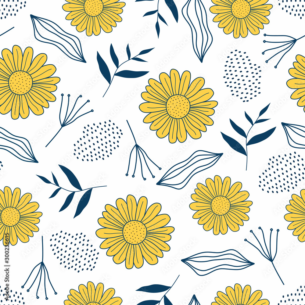 Poster seamless repeat pattern with flowers and leaves in black and yellow on white background vector illus