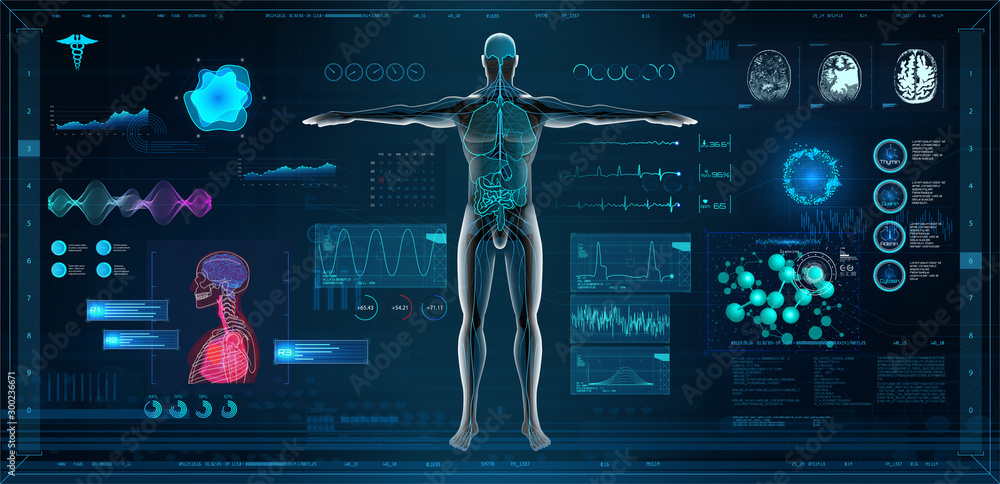 Poster mrt and body scan in hud style design, human body, organs and brain scan with pictures. x-ray hi-tec