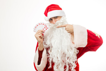 santa claus with playing cards on white background