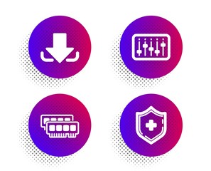 Dj controller, Ram and Download icons simple set. Halftone dots button. Medical shield sign. Musical device, Random-access memory, Load file. Medicine protection. Technology set. Vector