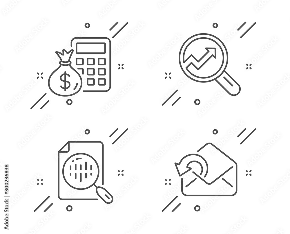 Poster analytics, analytics chart and finance calculator line icons set. send mail sign. audit analysis, re
