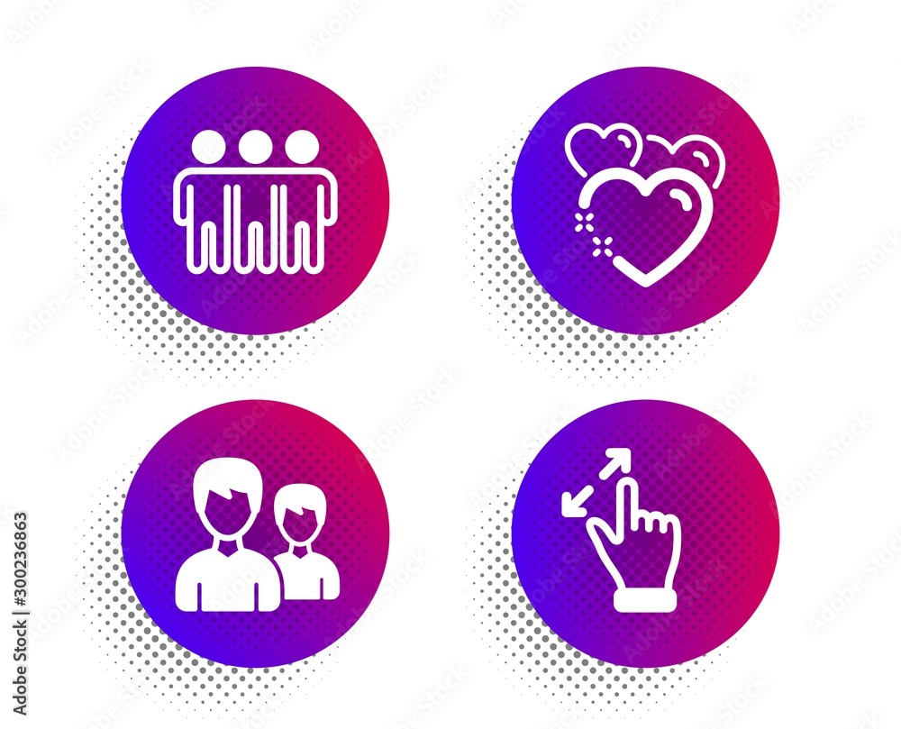 Poster couple, heart and friendship icons simple set. halftone dots button. touchscreen gesture sign. two m