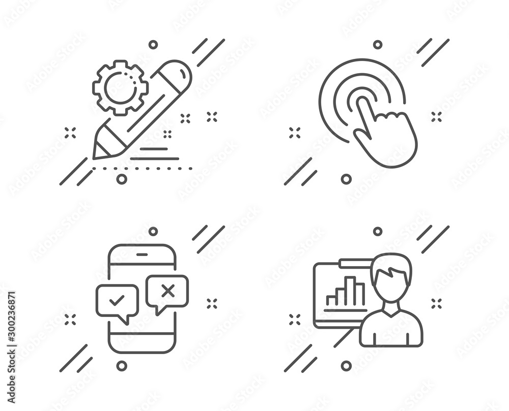 Poster phone survey, project edit and click line icons set. presentation board sign. mobile quiz test, sett
