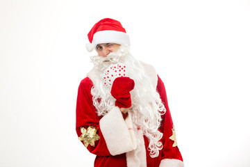 santa claus with playing cards on white background