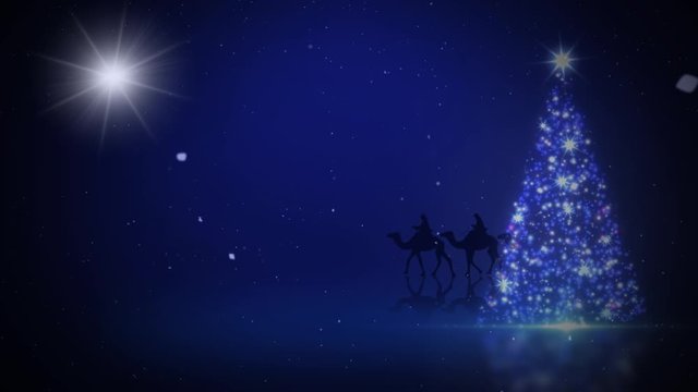 Three Wise Men Christmas Tree Sparkle 4K Loop features and particle sparkling Christmas tree on a blue surface with a silhouette of three wise men riding camels in the background and a star in the sky
