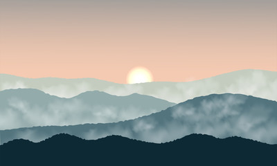 Sunrise and fog in the mountains. Green mountaion on orange sky .
