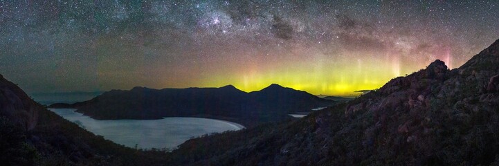 Aurora Australis or the Southern Lights over Wineglass Bay, Tasmania