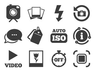 Camera, photos and frame signs. Discount offer tag, chat, info icon. Photo, video icons. Flash, timer and macro symbols. Classic style signs set. Vector