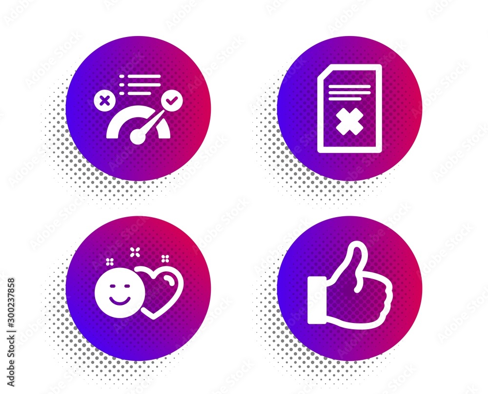 Aufkleber smile, delete file and correct answer icons simple set. halftone dots button. like sign. social medi