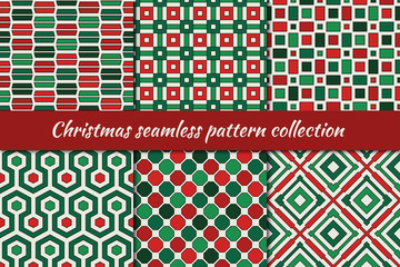 Christmas seamless pattern collection. Holiday backgrounds set. Print kit in traditional colors. Vector digital paper.