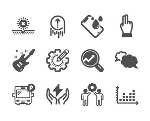 Set of Business icons, such as Employees teamwork, Click hand, Messenger, Electric guitar, No sun, Dot plot, Settings gear, Analytics, Safe energy, Swipe up, Smartphone waterproof. Vector
