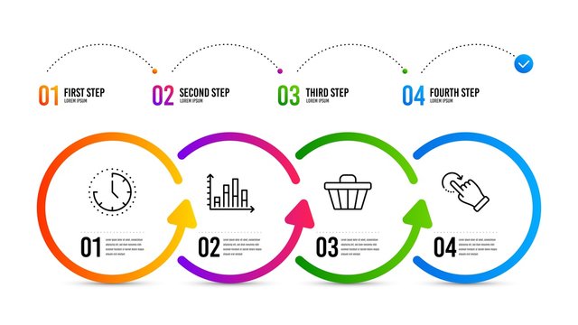 Rotation gesture sign. Infographics timeline. Shop cart, Diagram graph and Time line icons set. Web buying, Presentation chart, Clock. Undo. Technology set. Shop cart icon. Timeline diagram. Vector
