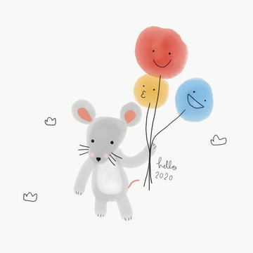 Rat fly with colorful balloon, hello 2020 watercolor painting illustration