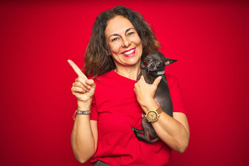 Middle age senior woman holding cute chihuahua dog over red isolated background very happy pointing with hand and finger to the side