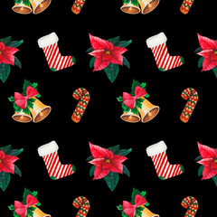 Hand drawn  seamless pattern (ideal for giftpaper) with Euphorbia pulcherrima, Poinsettia, christmas rings, jingle bells, socks, candy in watercolor